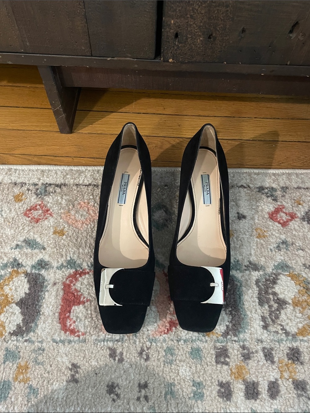 Prada Black Suede Pumps with Silver Buckle